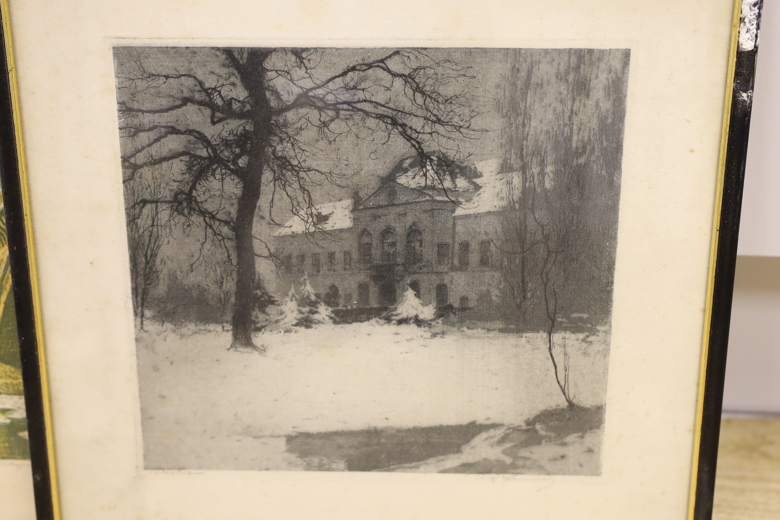 Luigi Kasimir (1881-1962), colour etching, 'Country House, Eilsartes .. in winter', signed in pencil, 22 x 24cm, with a Russian print inscribed Vorobiova, 27 x 32cm